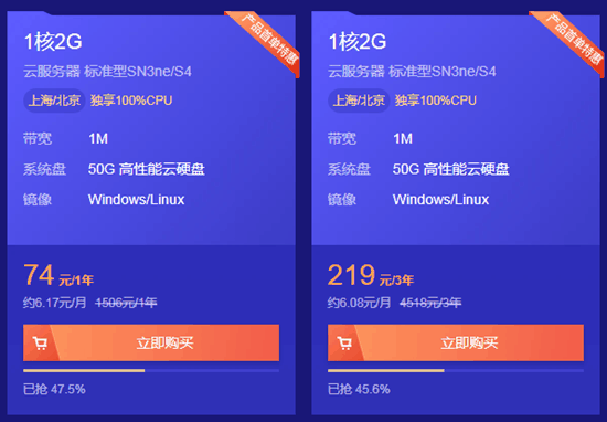 腾讯云1核2G云服务器仅需74元/年，219元/3年